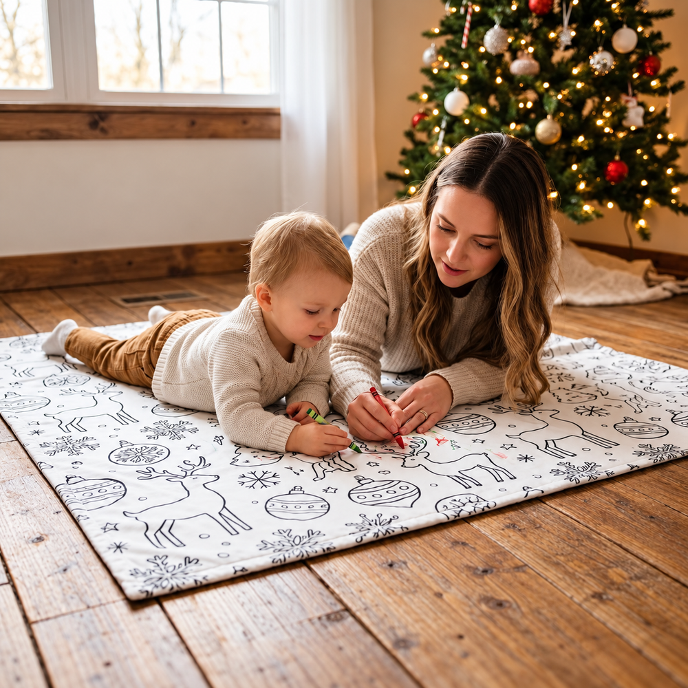 Coloriage de la couverture motif Noël en famille — mise en scène