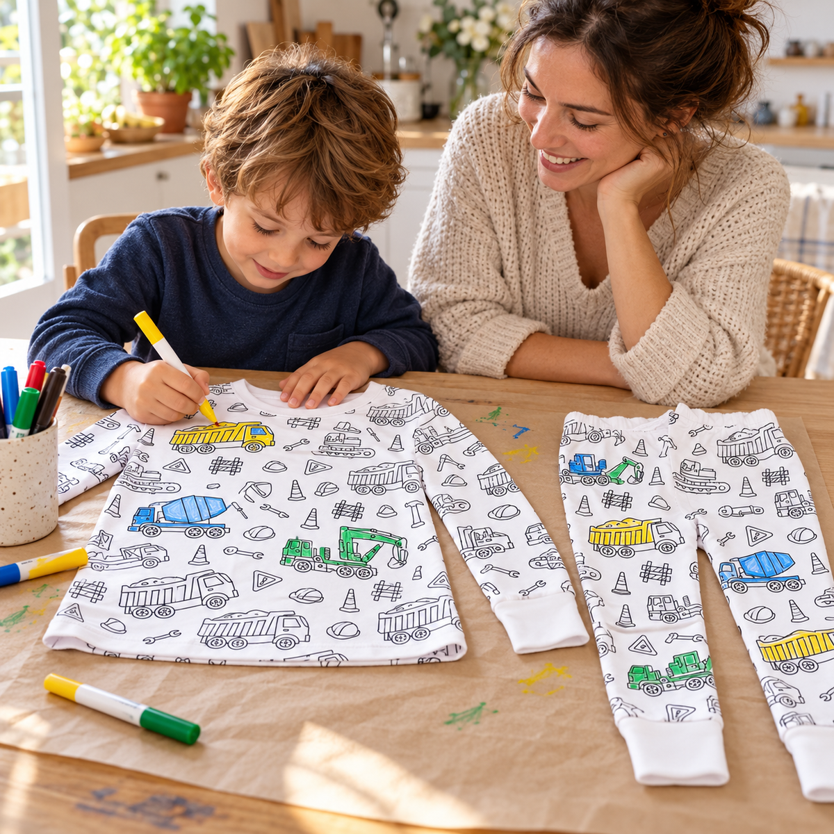 Mise en scène illustrative du coloriage du pyjama Chantier en famille
