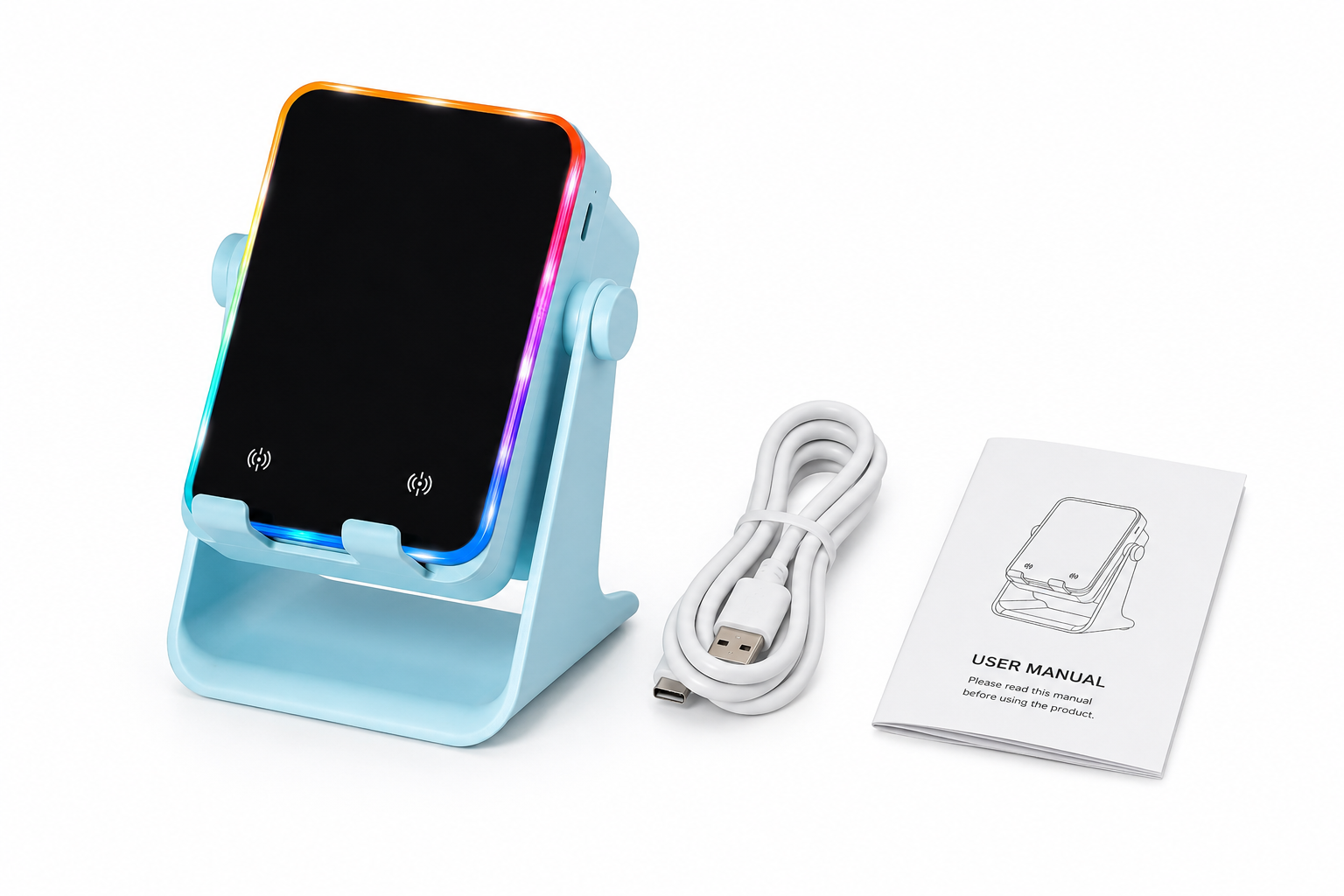 AuraDock™ speaker phone stand with charging cable and user manual