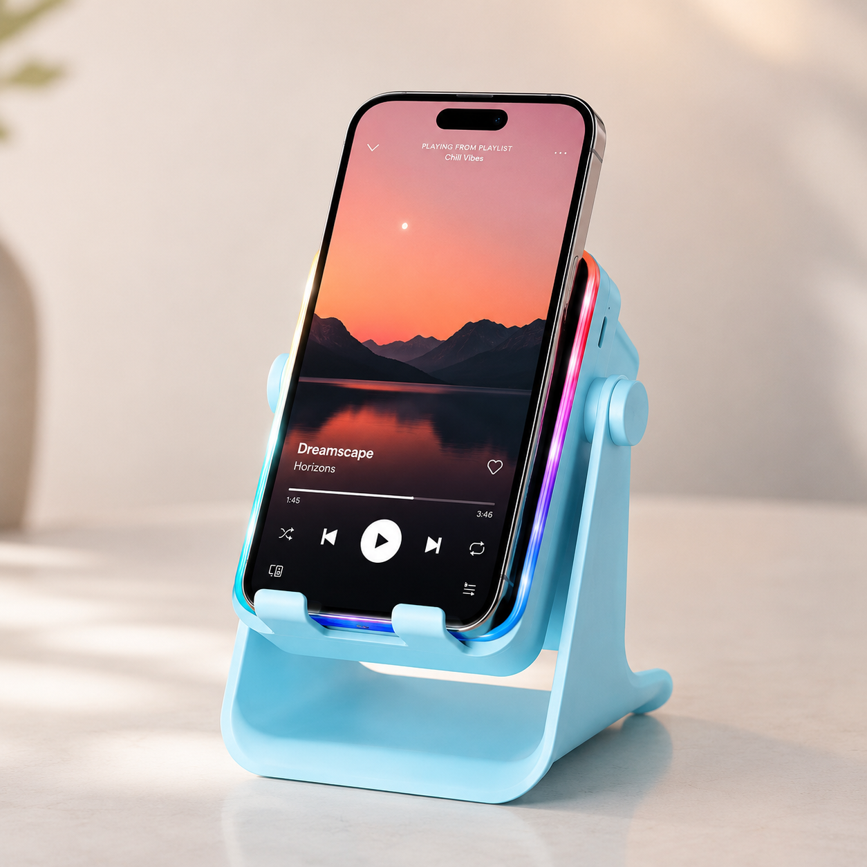AuraDock™ induction speaker and adjustable phone stand with RGB ambient lighting