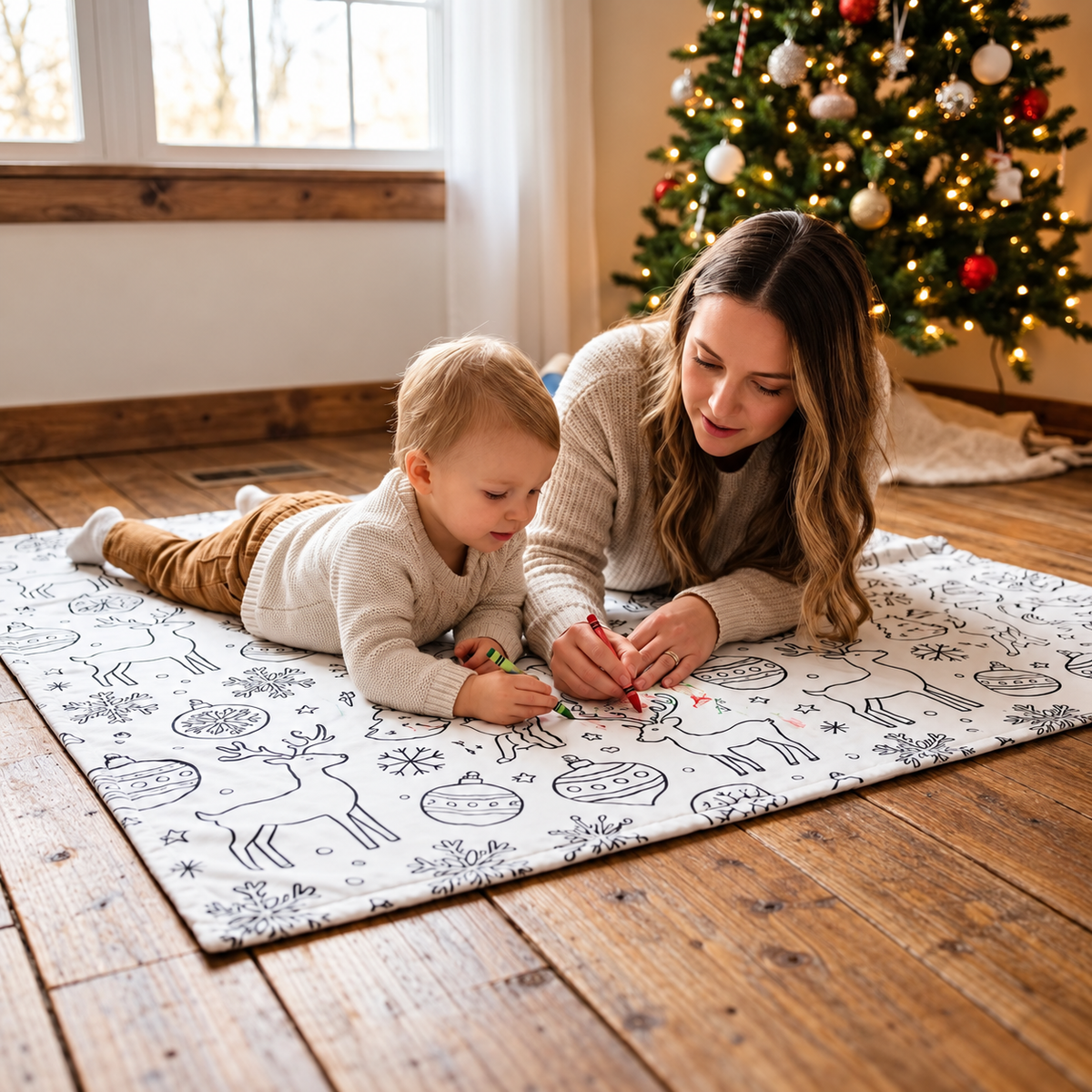 Coloriage de la couverture motif Noël en famille — mise en scène